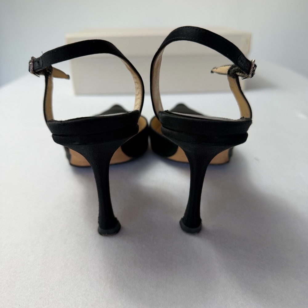 Jimmy Choo Syria Slingback Heels Black Satin Pointed Toe 37 85mm Classic - Picture 11 of 14